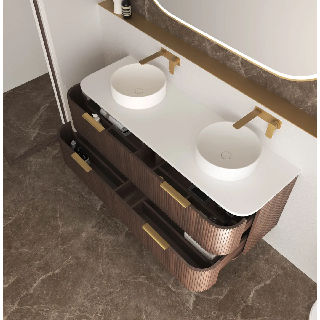 Otti Hanava 1500 Sable Walnut Fluted Fluted Wall Hung Curve Vanity With Chloe Silk Top