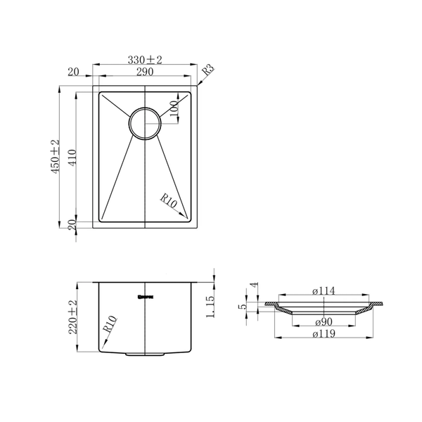 Otti Axon Sink 33S 330X450X220 Argent Gold