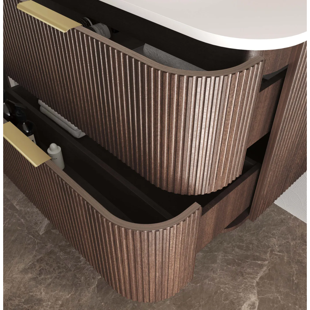 Otti Havana 1800 Sable Walnut Fluted Wall Hung Curve Vanity With Round Basin Moulded Top