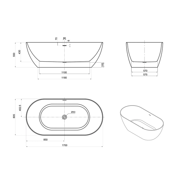 Otti Attica Manolo 1700 Gloss White Freestanding Bath With Overflow