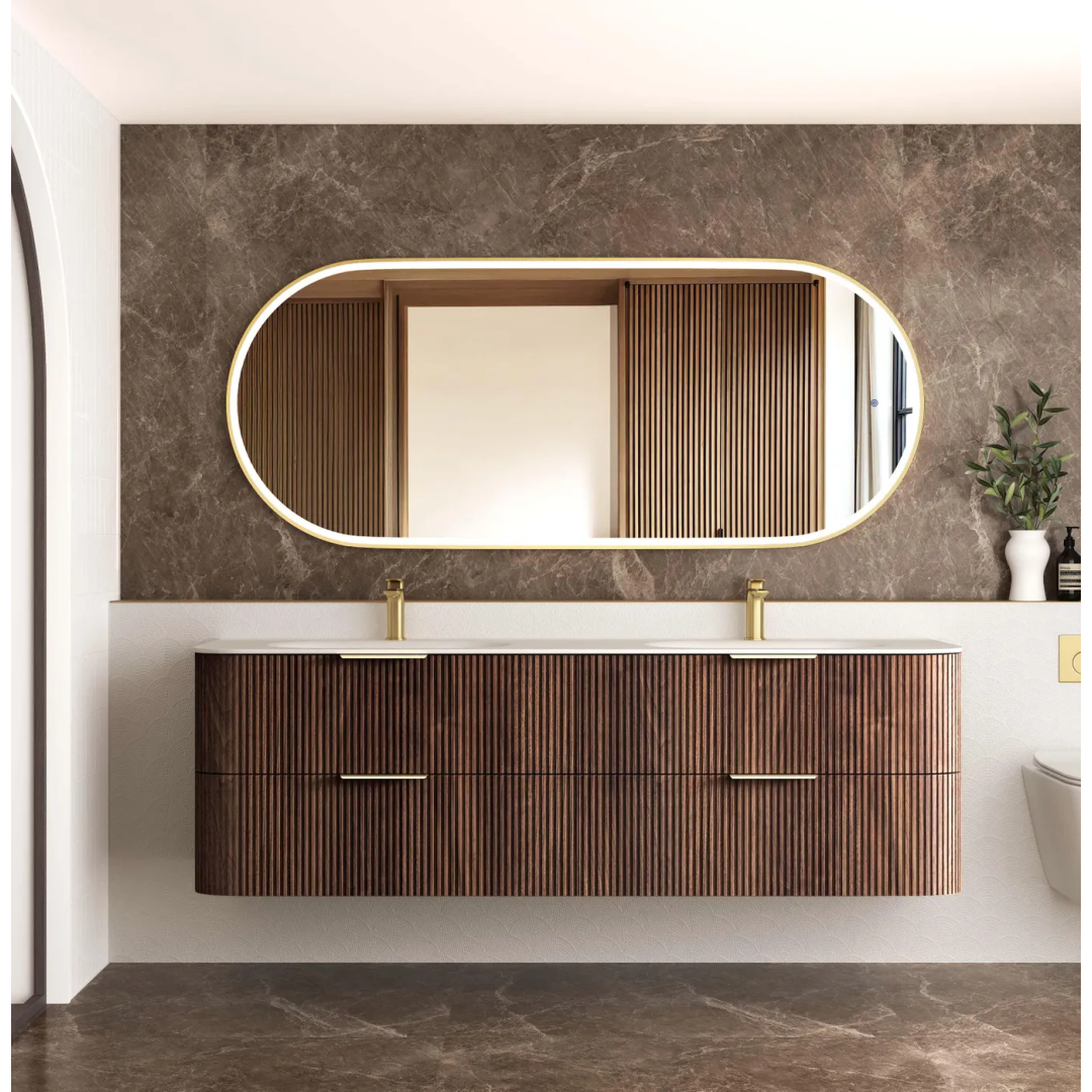 Otti Hanava 1800 Sable Walnut Fluted Wall Hung Curve Vanity With Chloe Silk Top