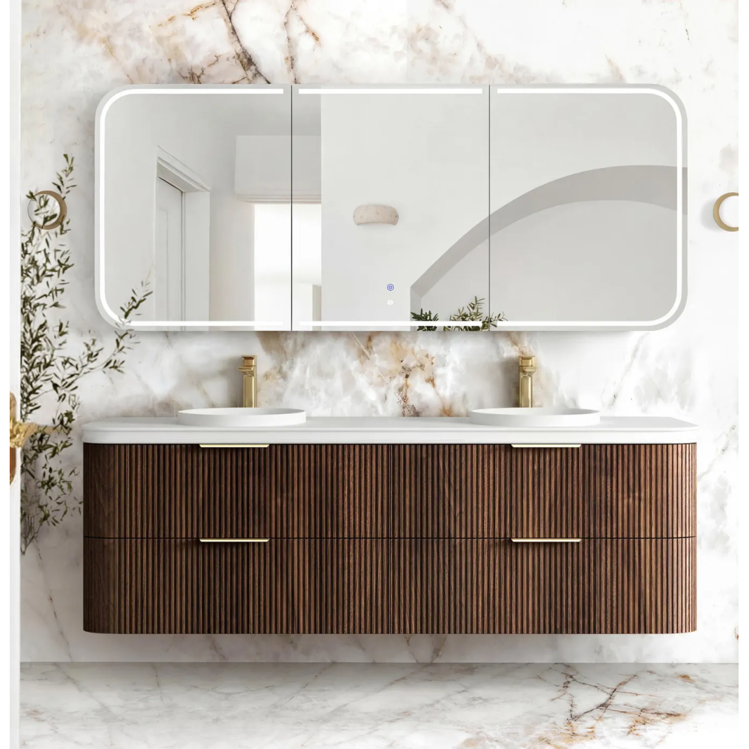 Otti Havana 1800 Sable Walnut Fluted Wall Hung Curve Vanity With Round Basin Moulded Top