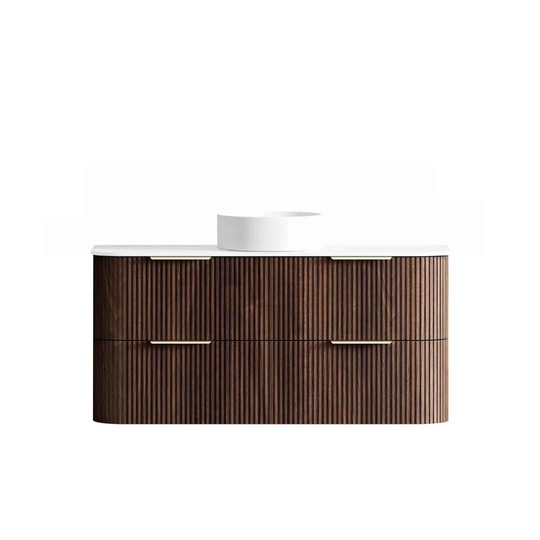 Otti Havana 1200 Sable Walnut Fluted Wall Hung Curve Vanity With Pure White Top