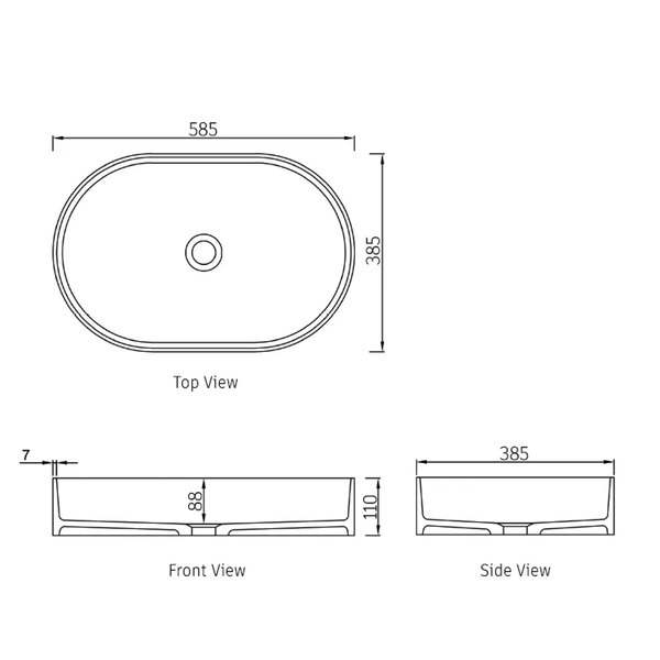 Otti Matte White Noosa Solid Surface Basin 585 X 385 X 110 Mm (No Overflow)