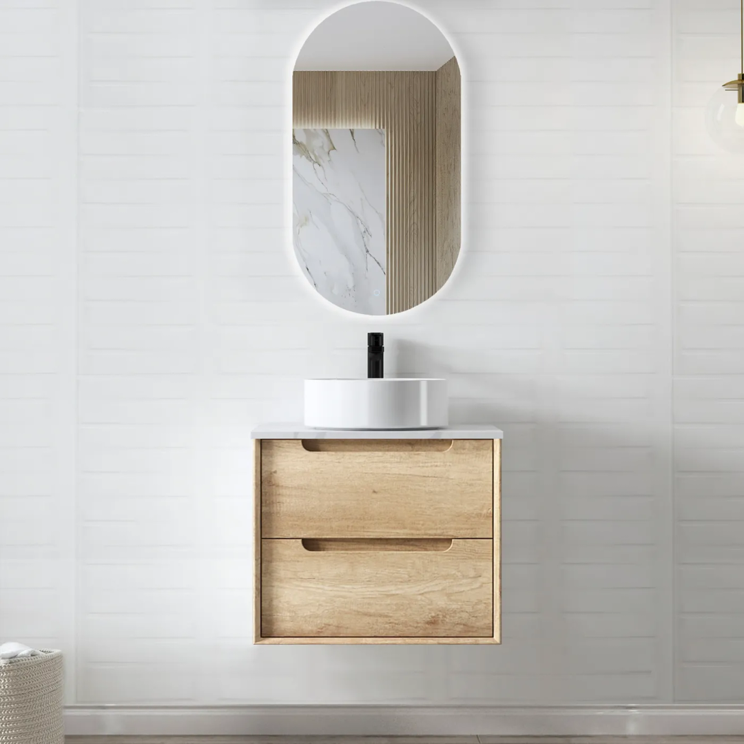 Otti Byron 600 Natural Oak Plywood Vanity With Carrara Stone Top 12 O'Clock Taphole