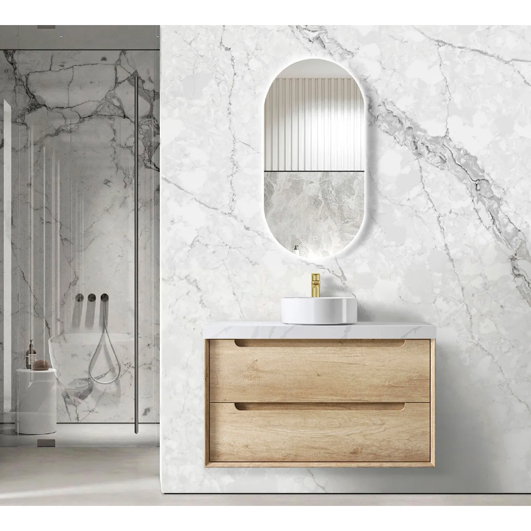 Otti Byron 900 Natural Oak Plywood Vanity With Carrara Stone Top No Taphole