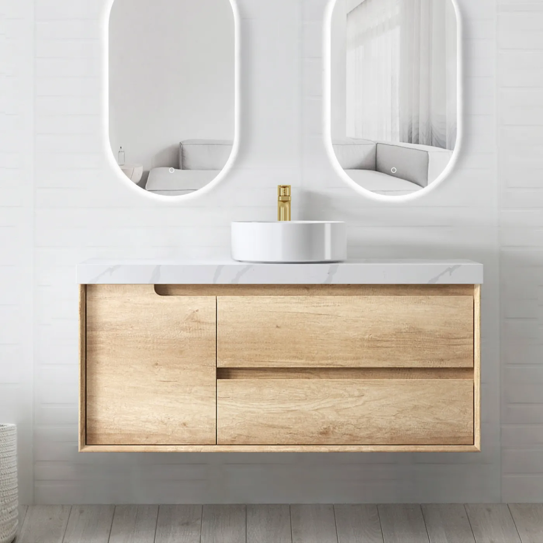 Otti Byron 1200X460X550 Wall Hung Natural Oak Plywood Vanity With Pure White Stone Top