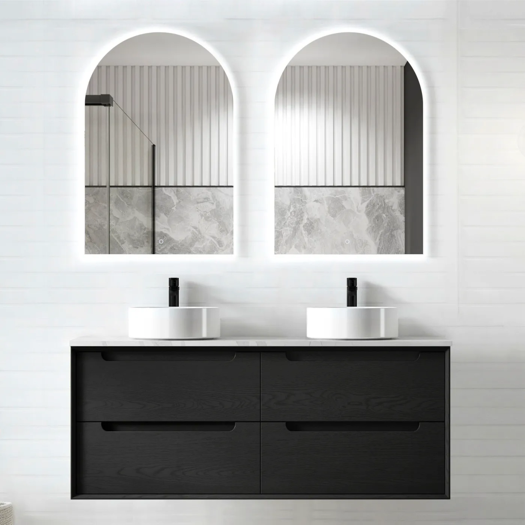 Otti Byron 1500 Black Oak Plywood Vanity With Carrara Stone Top 12 O'Clock Taphole