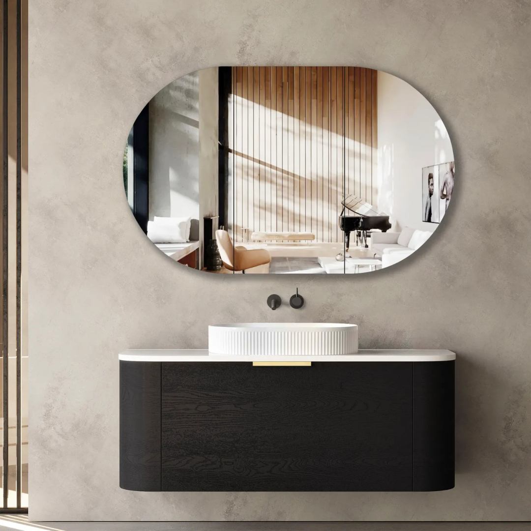 Otti Bondi 1200Mm Black Oak Wall Hung Curve Vanity With Sand Dune Top