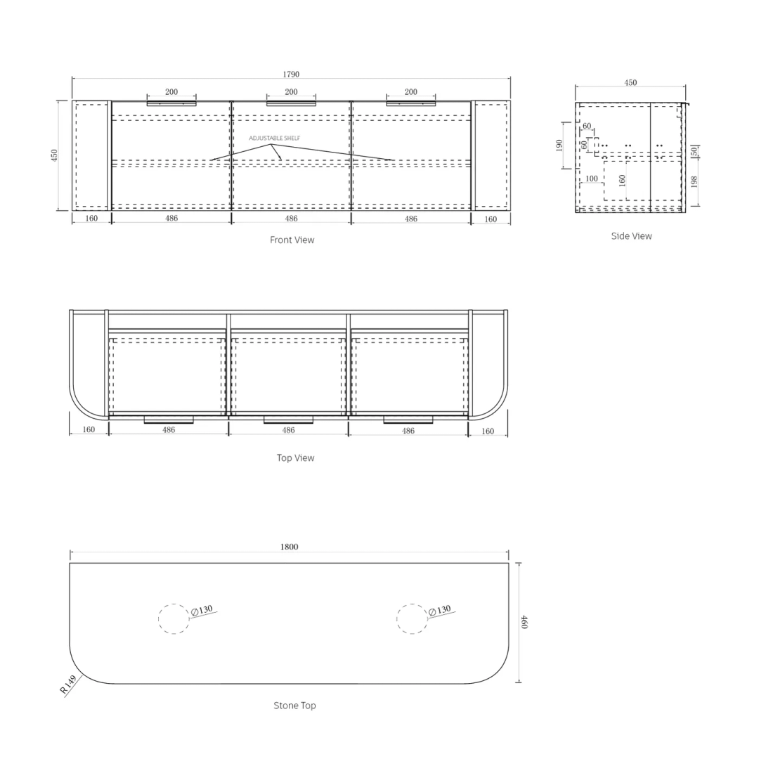 Otti Bondi 1800X460X450 Wall Hung Natural Oak Vanity With Pure White & Black Handle 200Mm