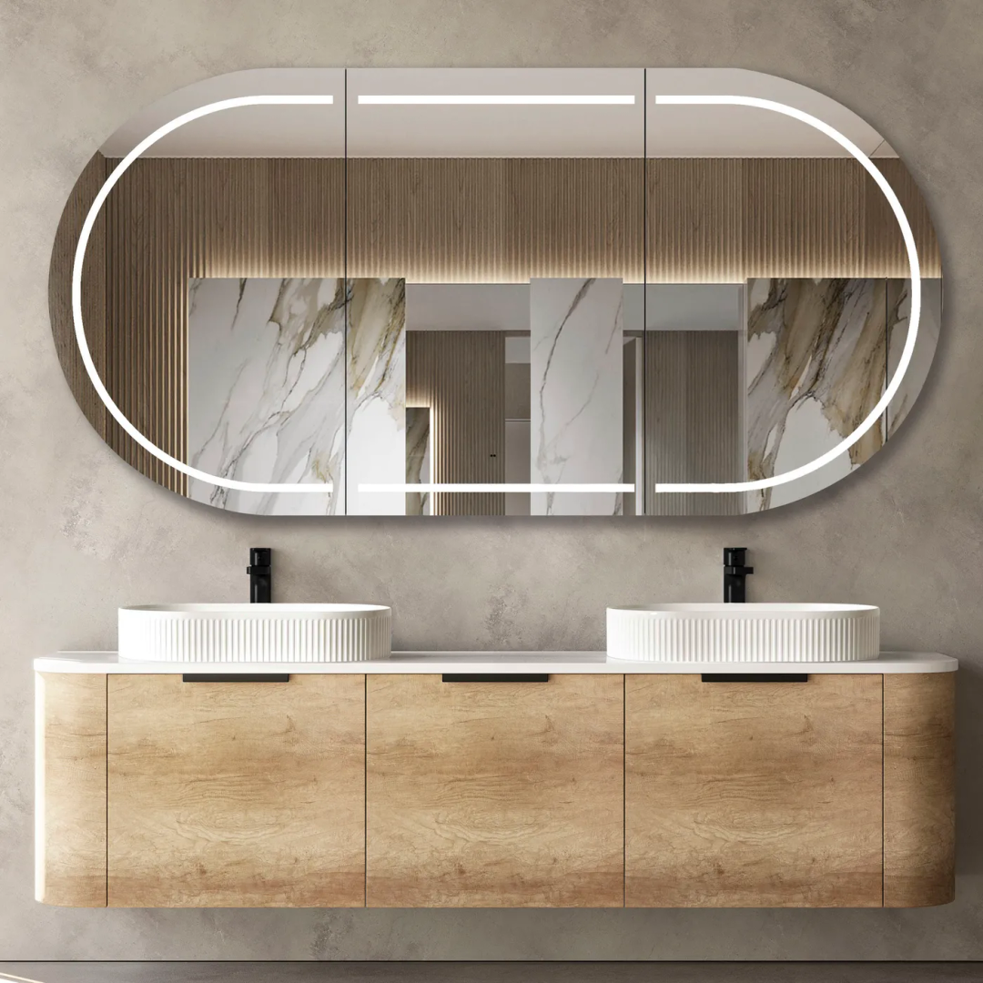 Otti Bondi 1800X460X450 Wall Hung Natural Oak Vanity With Natural Carrara & Black Handle