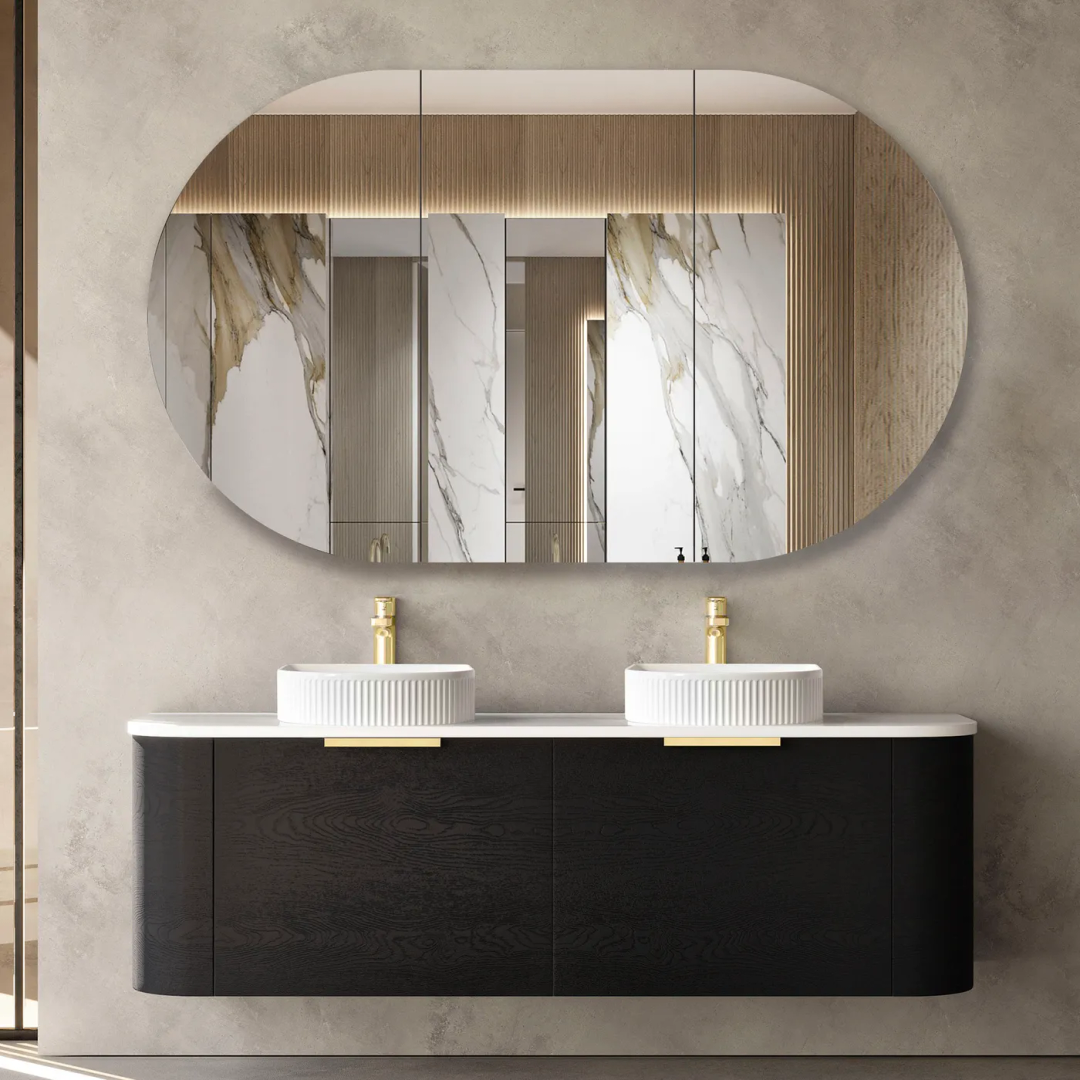 Otti Bondi 1500X460X450 Wall Hung Black Oak Plywood Vanity With Pure White & Gold Handle