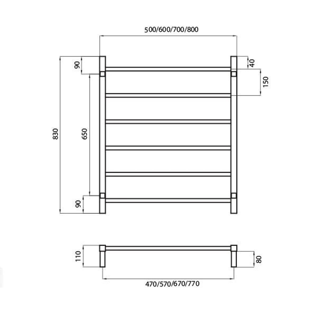 Radiant Square 6 Bar Non-Heated Rail 700mmx830mm Polished Stainless Steel