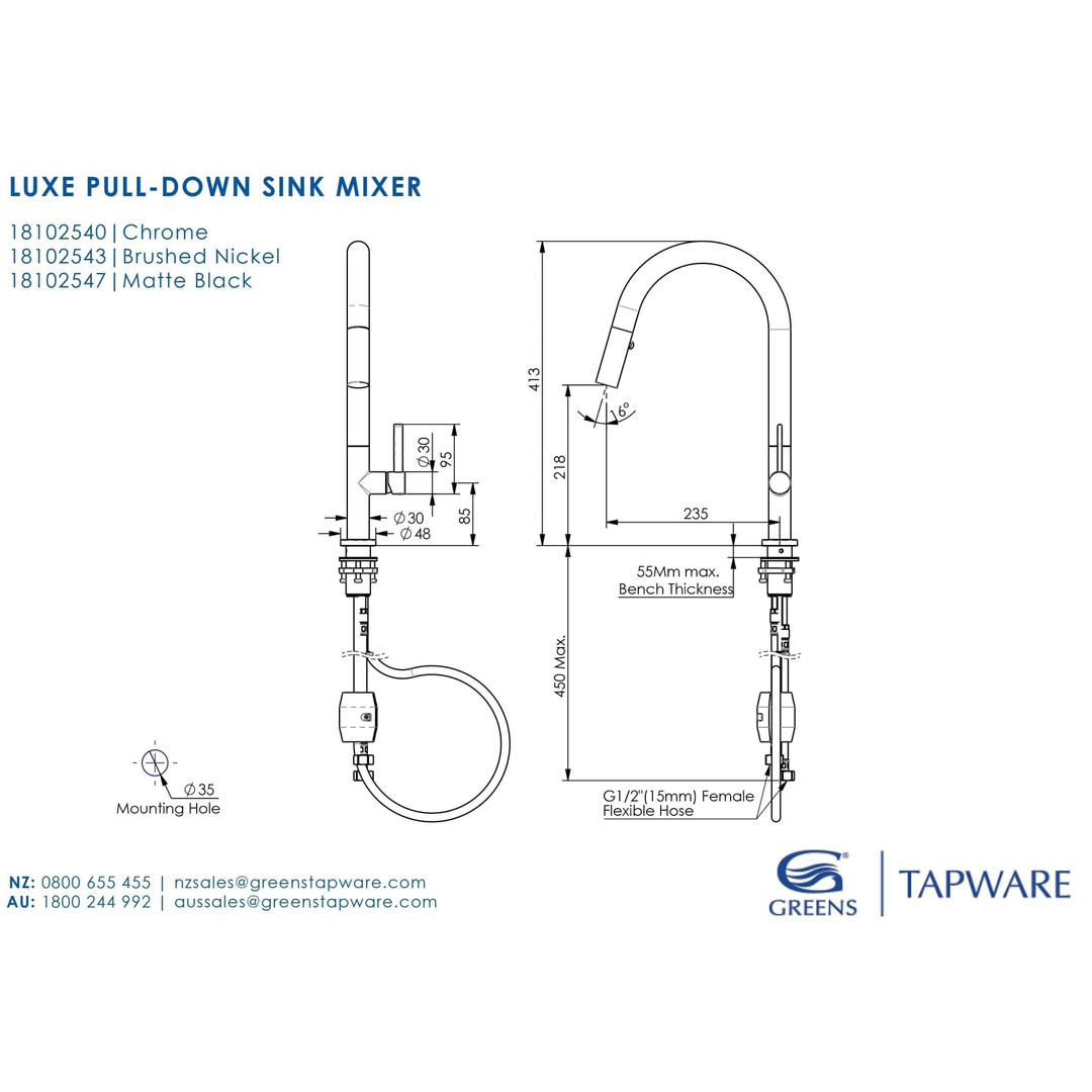 Greens Luxe Pull-Down Kitchen Mixer Matte Black 18102547