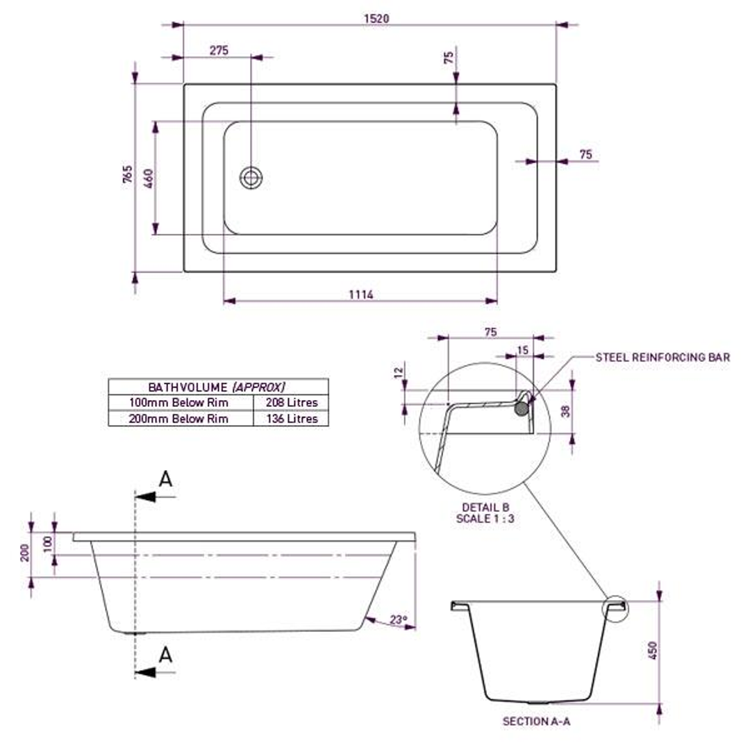 Decina Cortez Bath White 1675mm