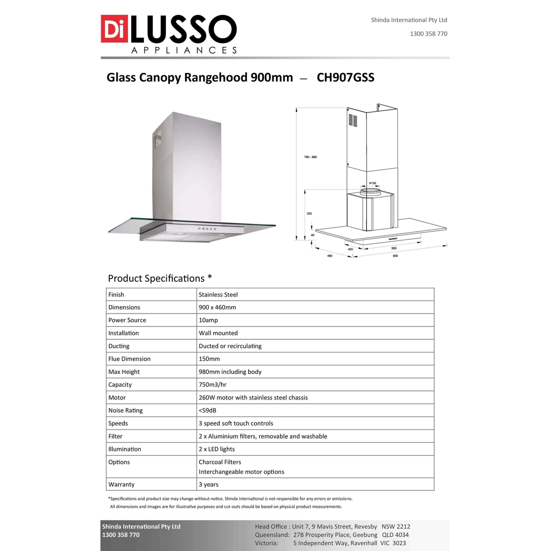Di Lusso 90Cm Ch907Gss Glass Canopy Rangehood Stainless Steel