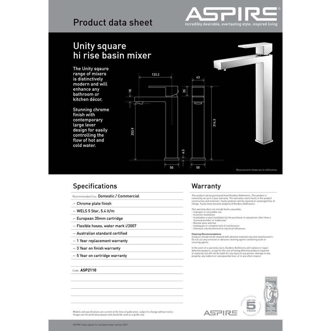 Aspire Unity **Square** Hi Rise Vessel Mixer Chrome