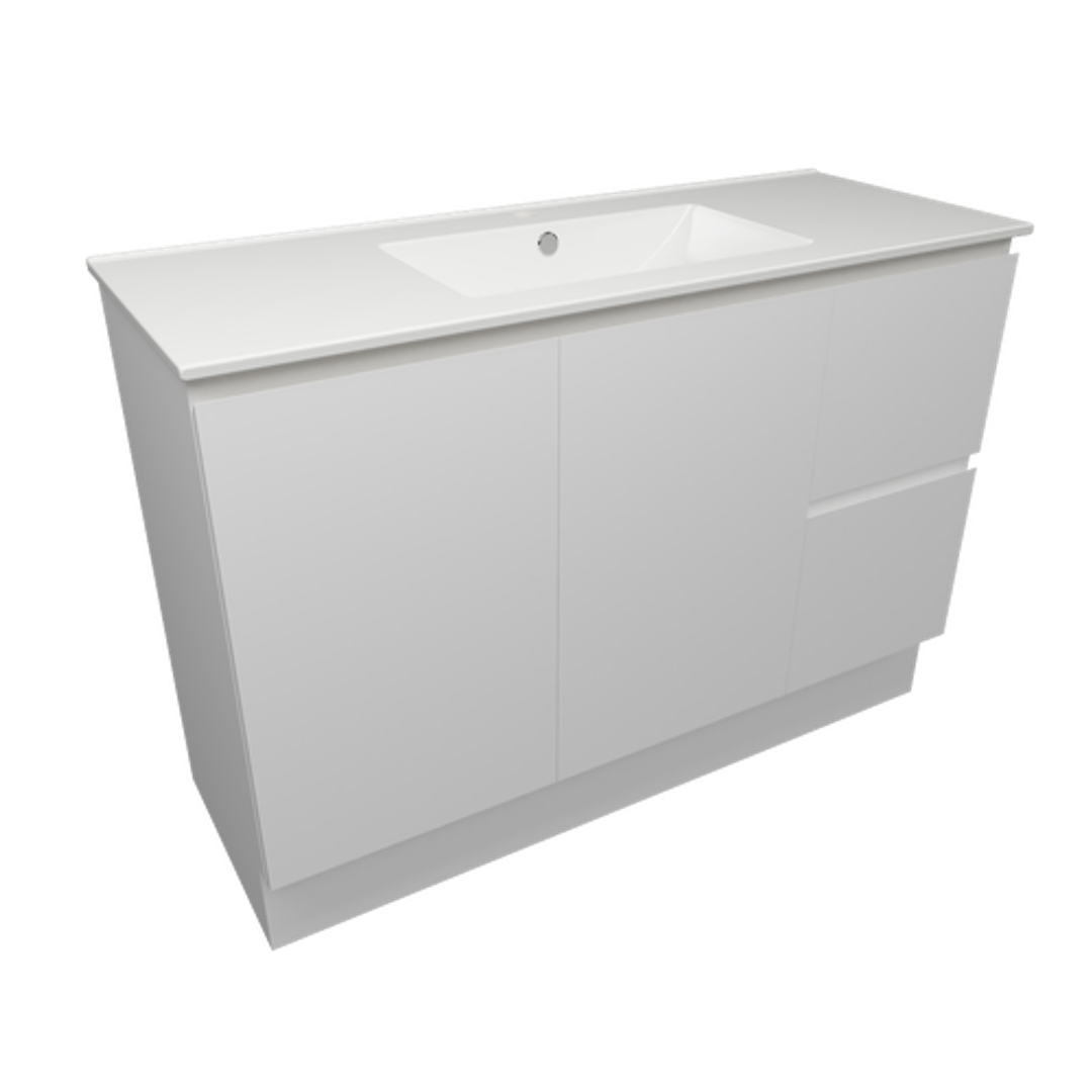Timberline Nevada Q/Ship Vanity 1200mm White Satin Centre Bowl 1 Tap Hole Alpha Top Floor Stand