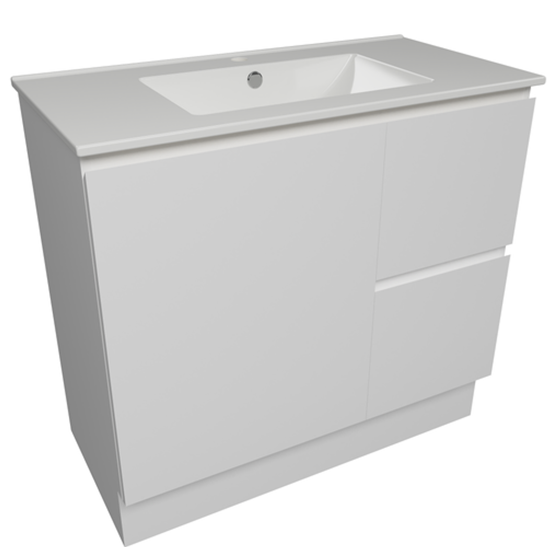 Timberline Nevada Q/Ship Vanity 900mm White Satin Centre Bowl 1 Tap Hole Alpha Top Floor Stand