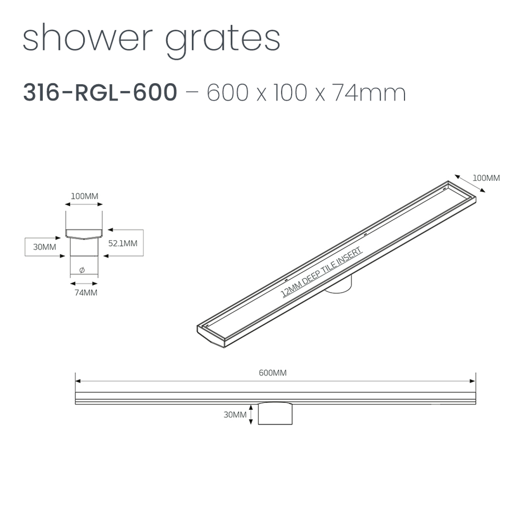 Radiant Tile Insert Linear Shower Grate 600Mm X 74Mm Outlet Brushed Bronze