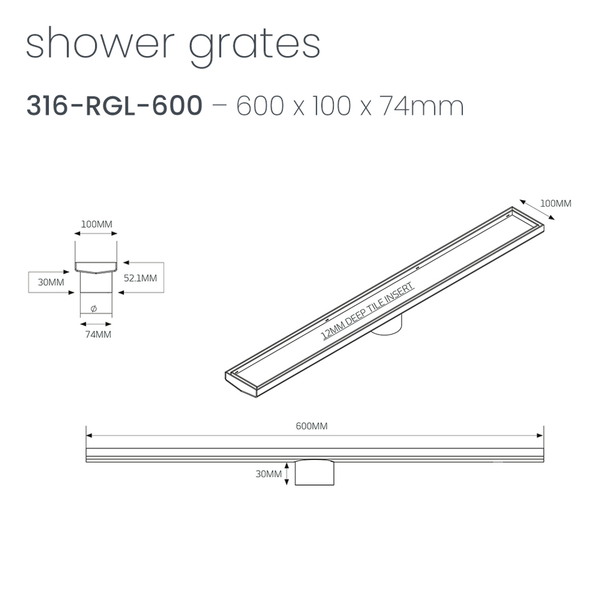 Radiant Tile Insert Linear Shower Grate 600Mm X 74Mm Outlet Brushed Bronze