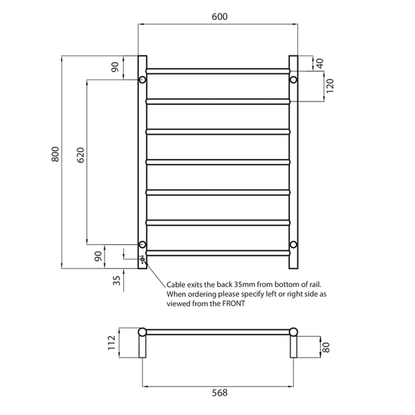 Radiant Brushed Copper 600 X 800Mm Round Heated Towel Rail Left