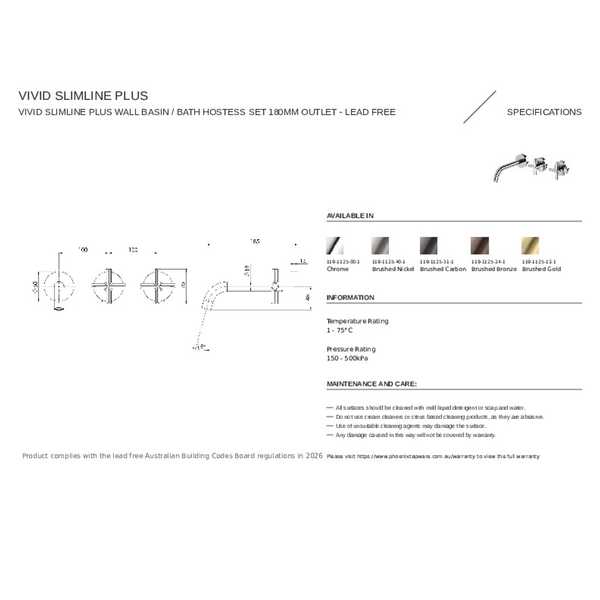Phoenix Vivid Slimline Plus Wall Basin / Bath Hostess Set 180Mm Brushed Bronze