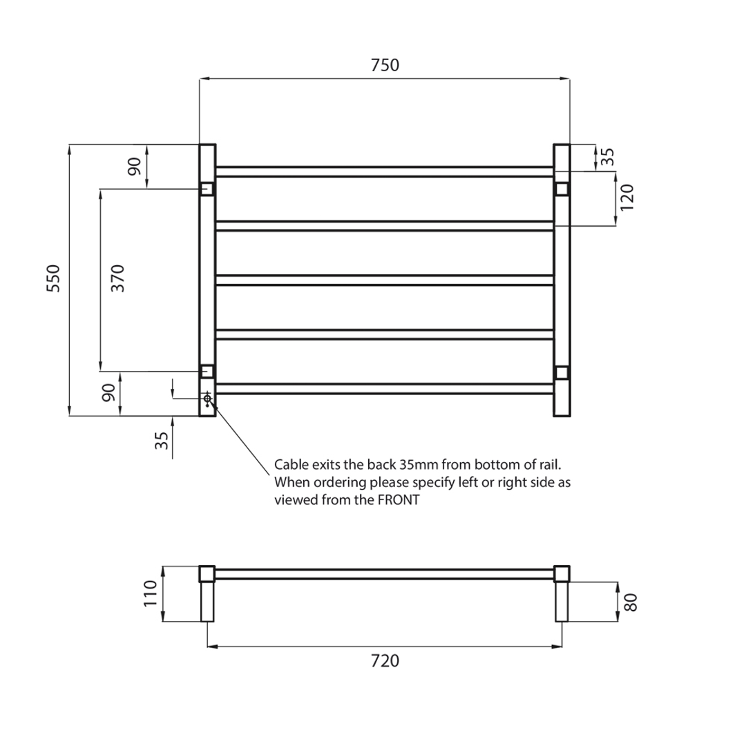 Radiant 5 Bar Sq Heated Rail 750 X 550 Polished S/S Left Hand