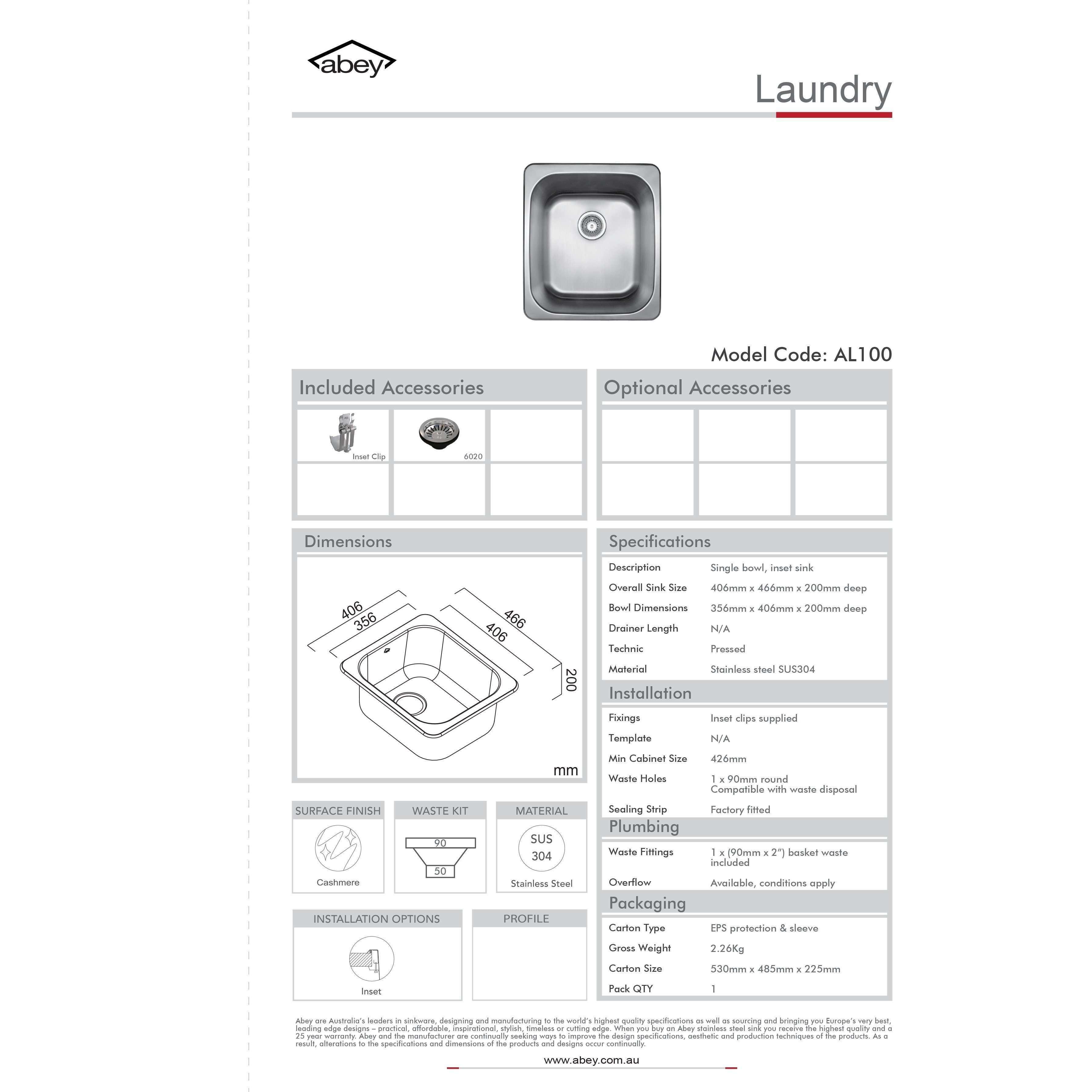 Abey Hunter Trough 1Th With Bypass 406X466mm Al100A - Burdens Plumbing