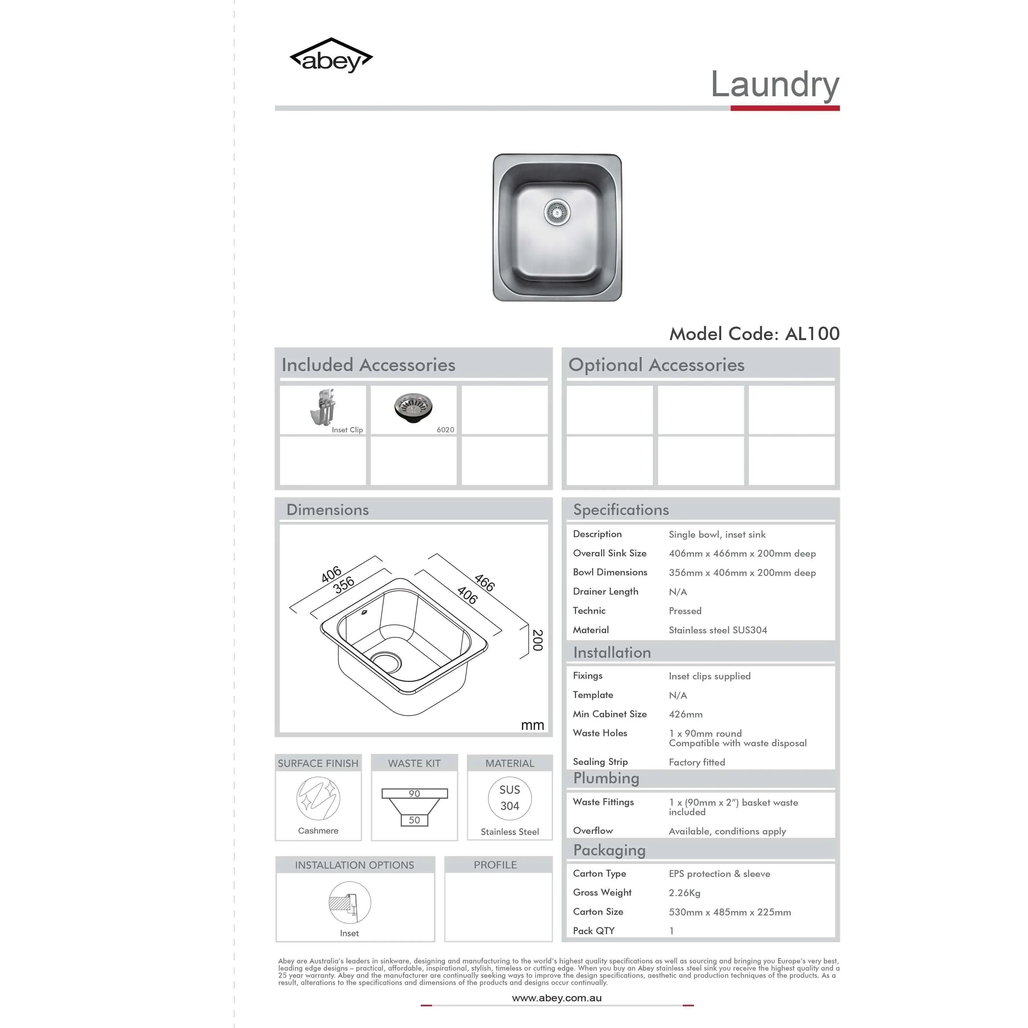 Abey Hunter Trough 1 Tap Hole With Bypass 406X466mm - Burdens Plumbing
