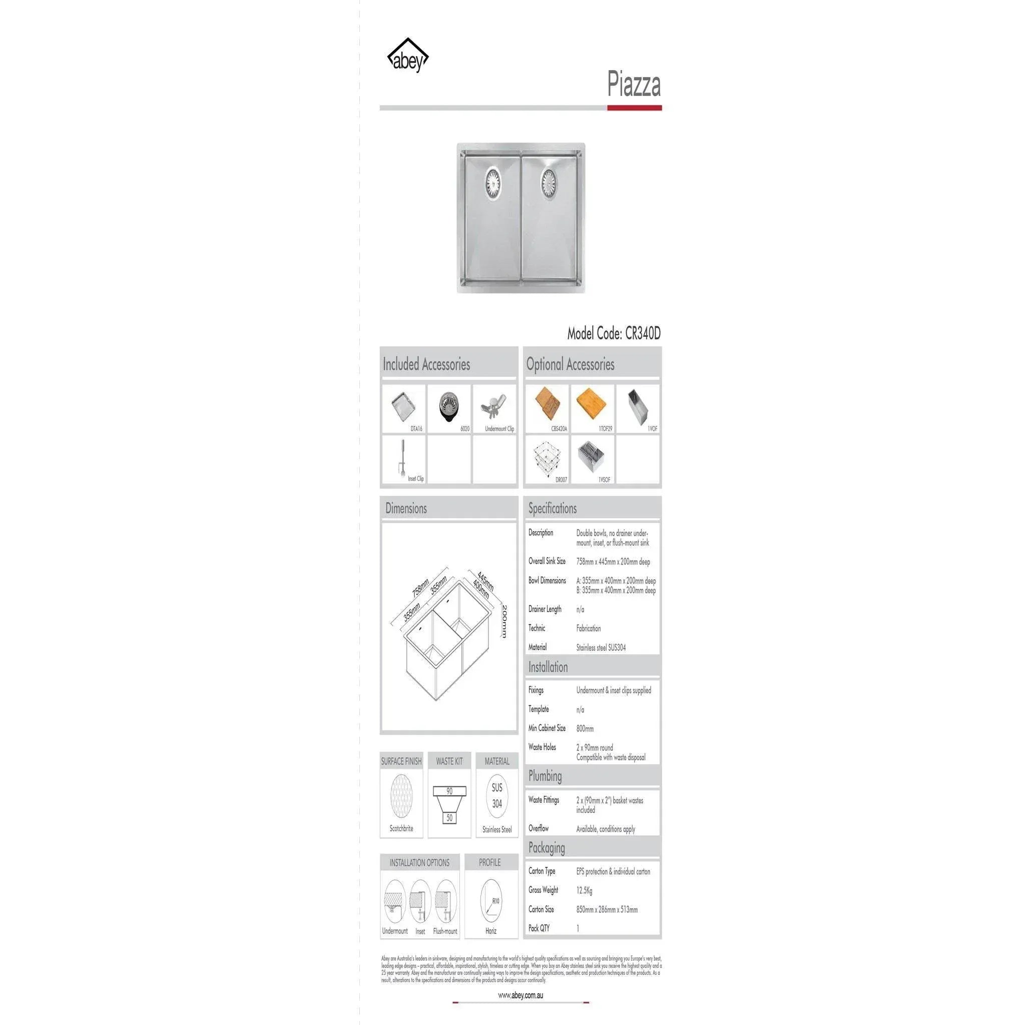 Abey Piazza Double Square Bowl - Burdens Plumbing