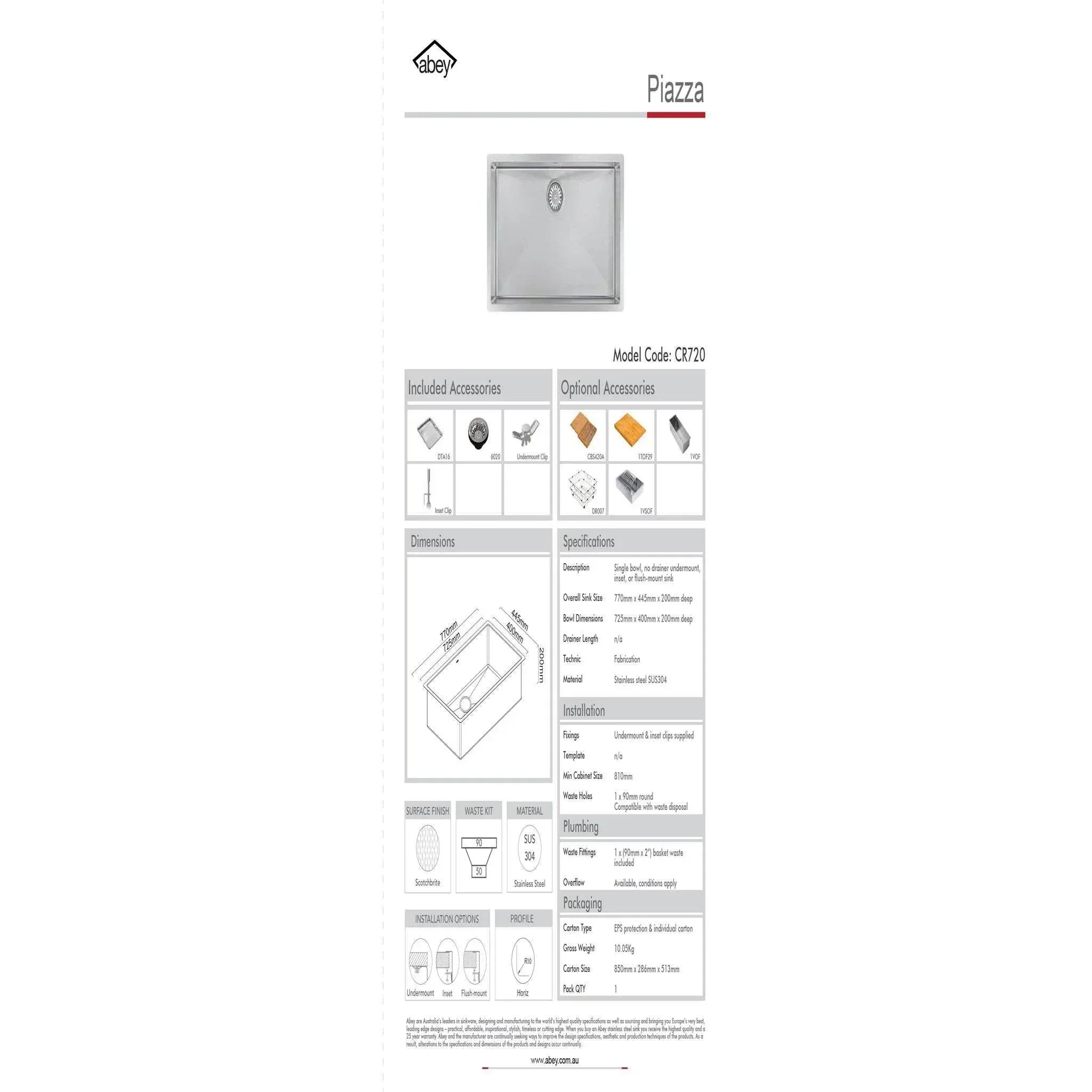 Abey Piazza Square Single Bowl - Burdens Plumbing