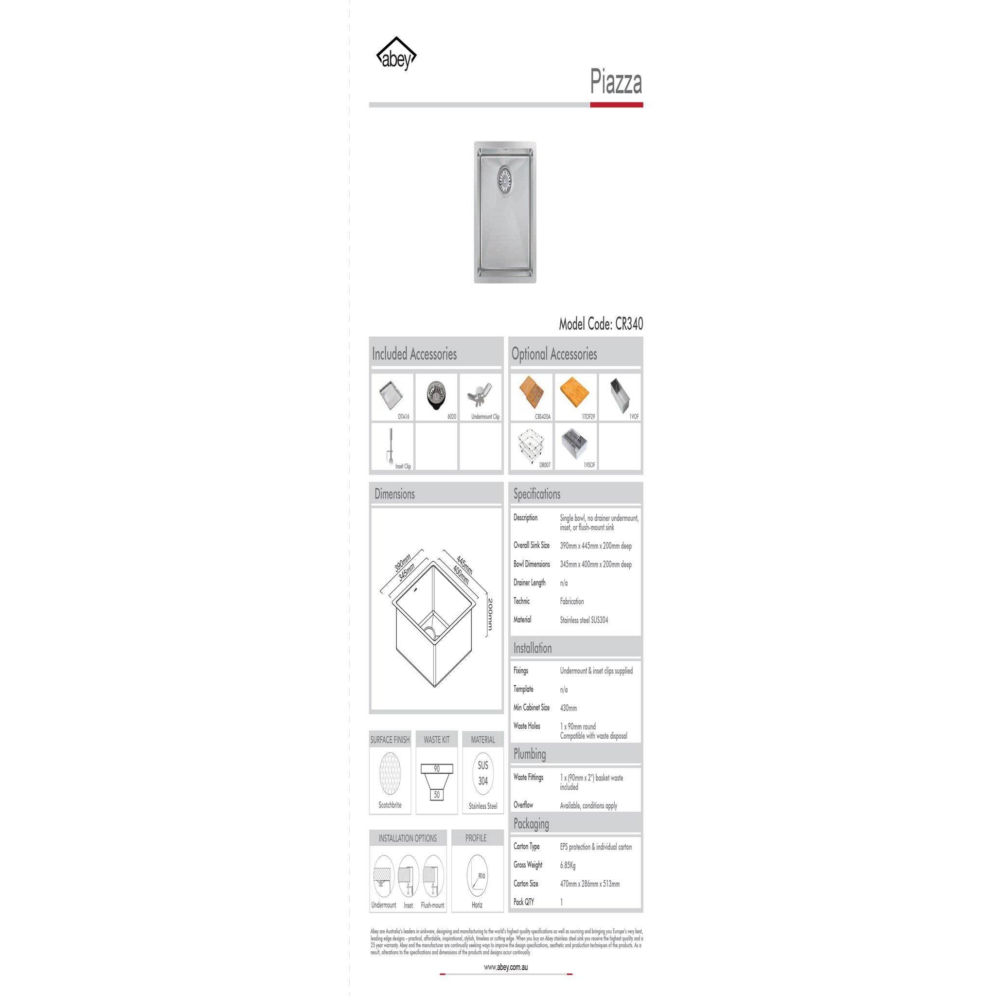 Abey Piazza Square Single Bowl - Burdens Plumbing
