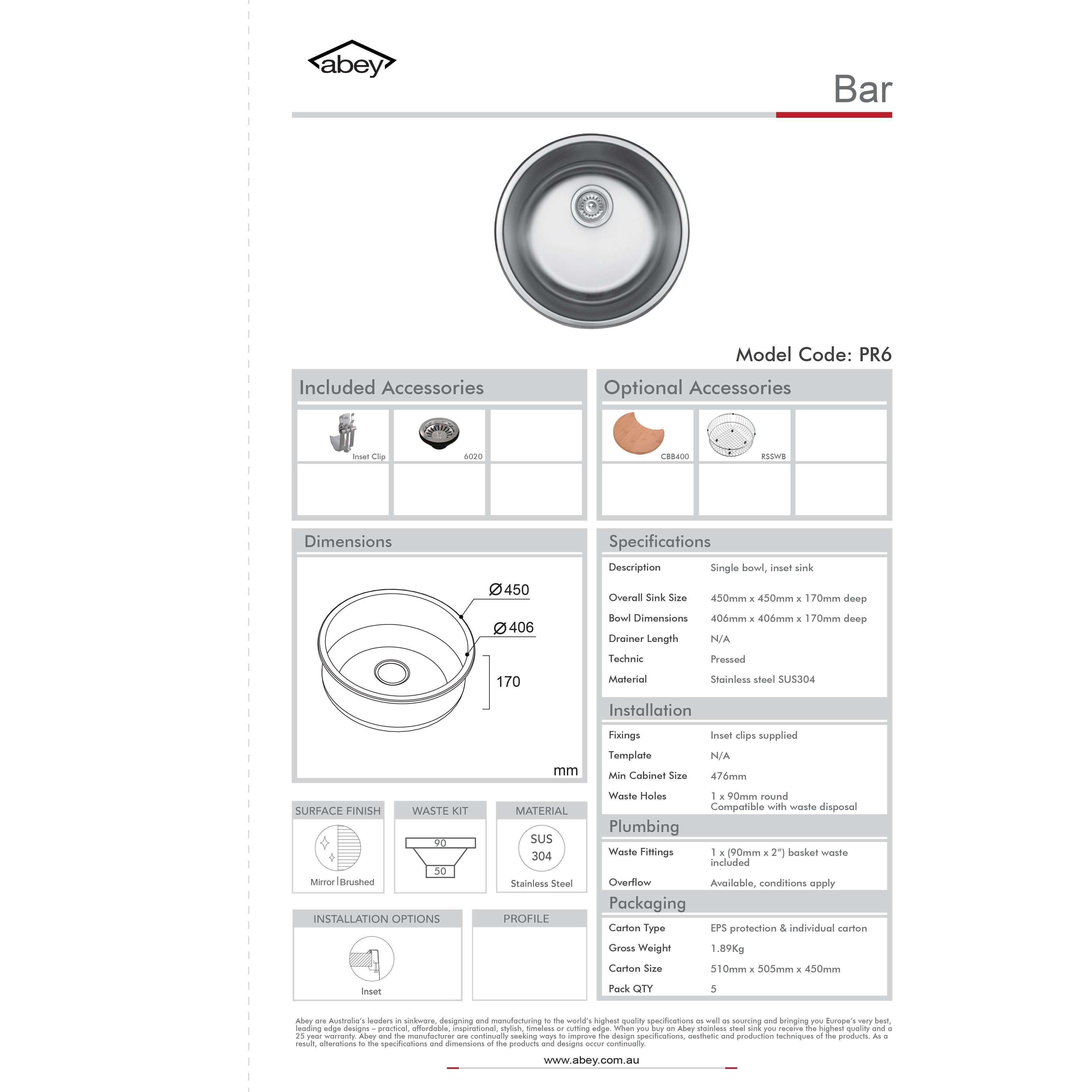 Abey Yarra Single Bowl Bar Sink 450mm - Burdens Plumbing