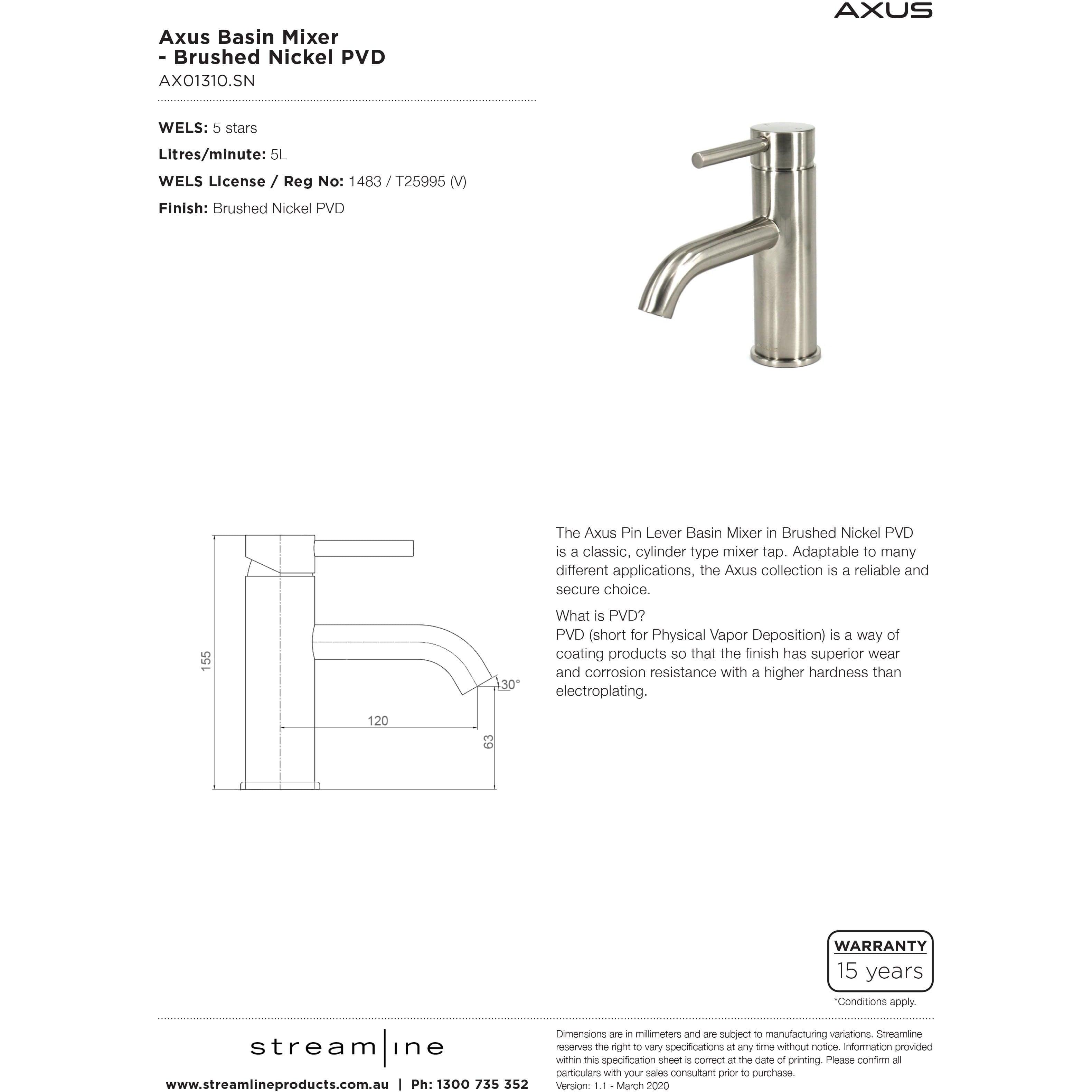 Arcisan Axus Pin Lever Basin Mixer Satin Nickel - Burdens Plumbing