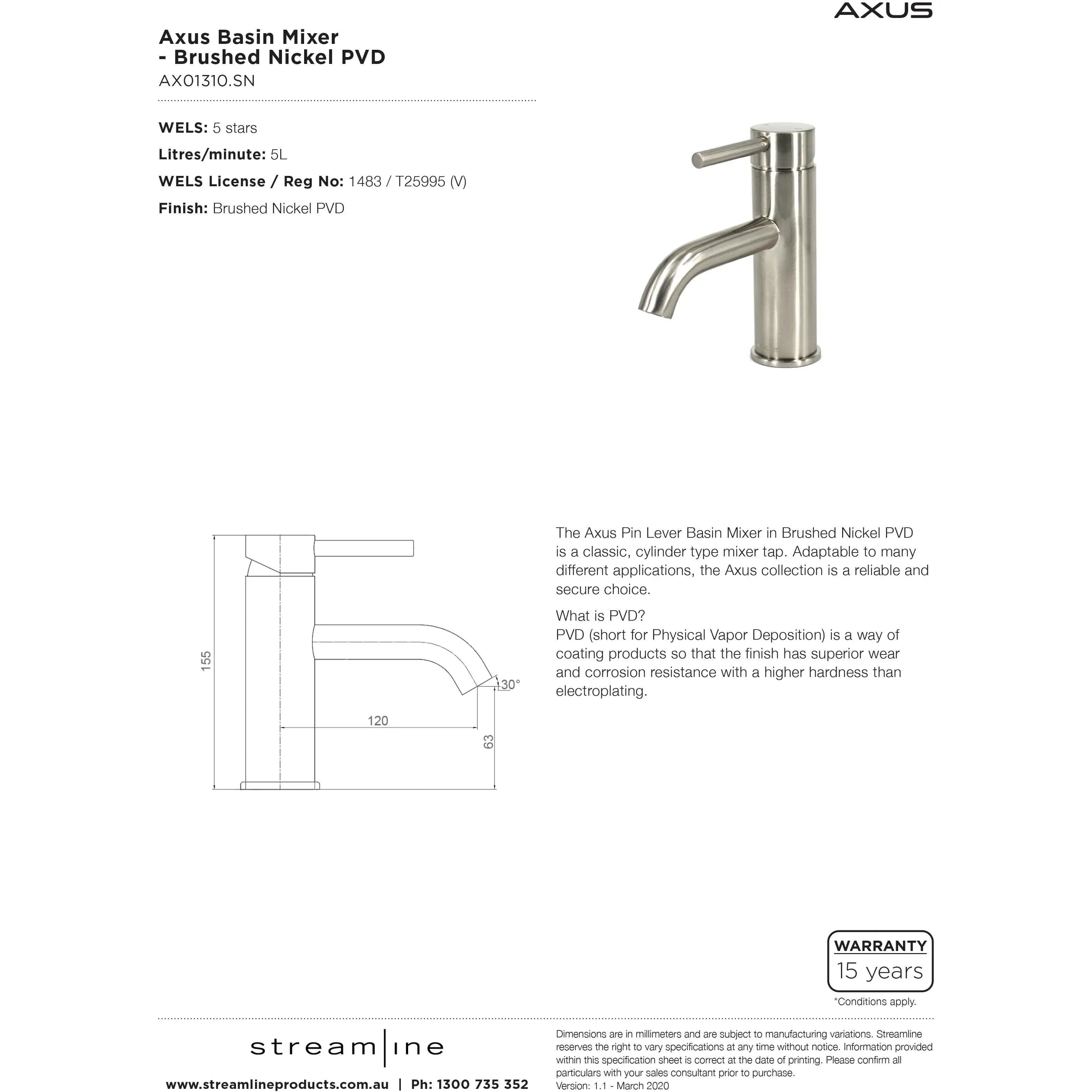 Arcisan Axus Pin Lever Basin Mixer Satin Nickel - Burdens Plumbing