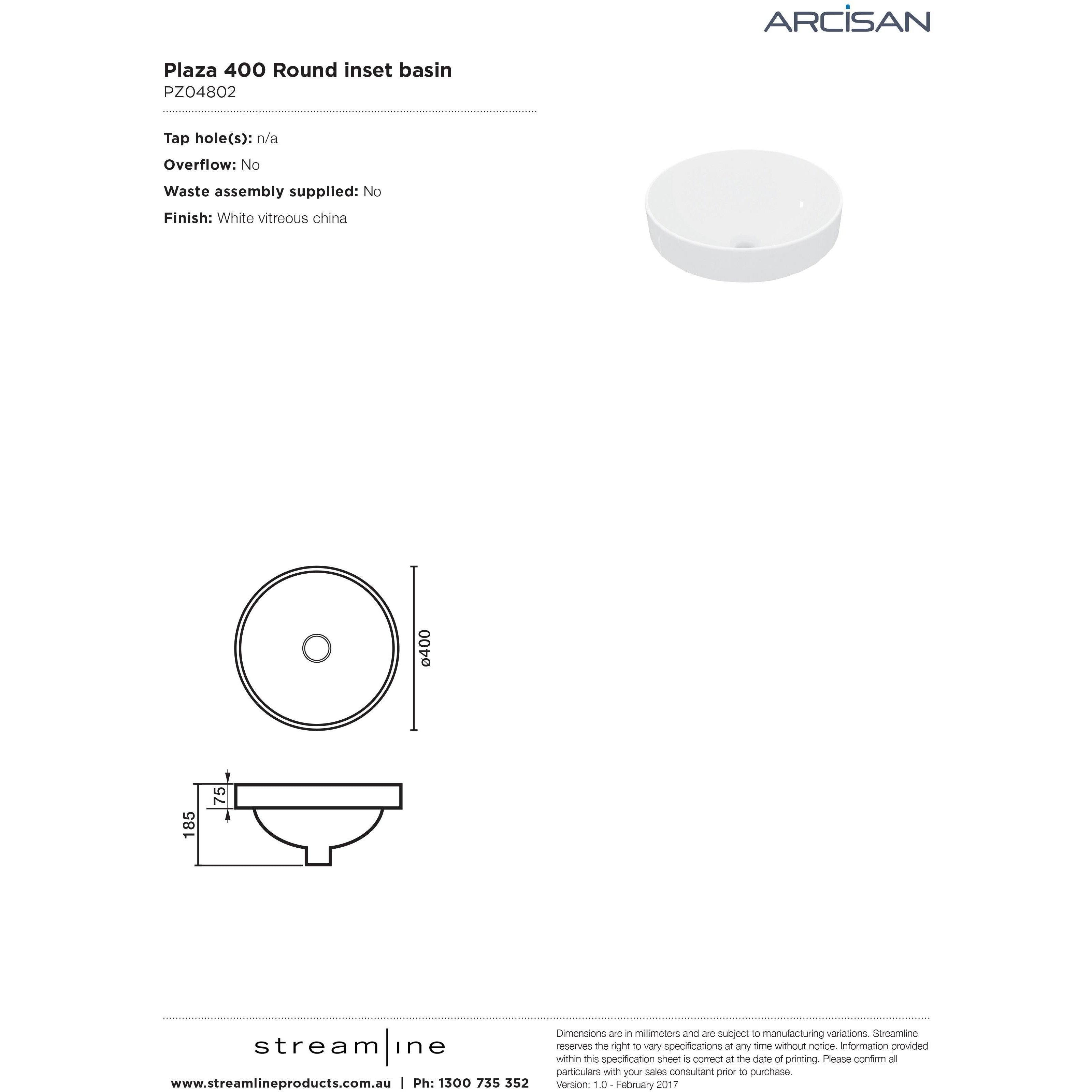Arcisan Plaza Round Semi Inset Basin 400mm Dia White - Burdens Plumbing