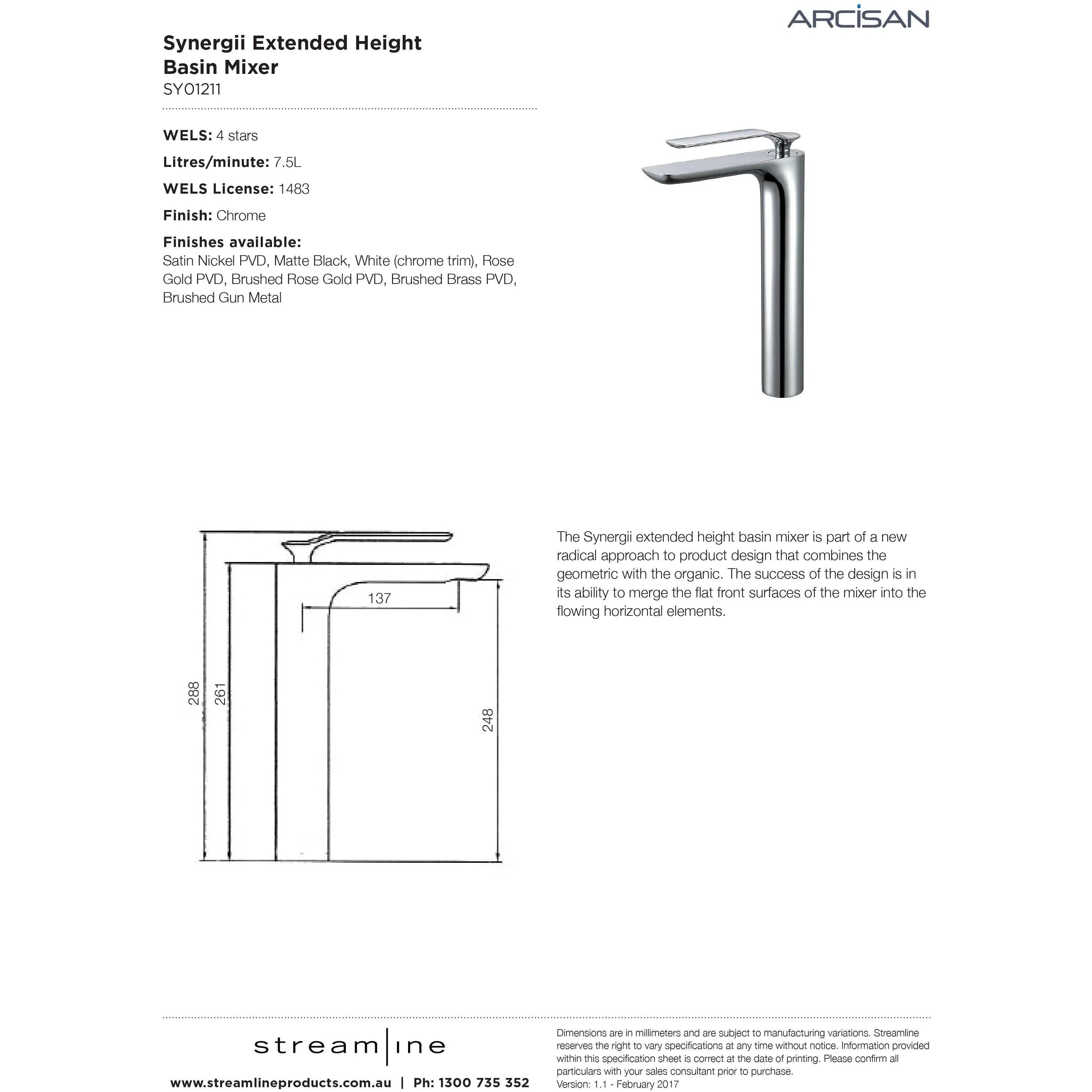 Arcisan Synergii Extended Height Basin Mixer Chrome Sy01211 - Burdens Plumbing