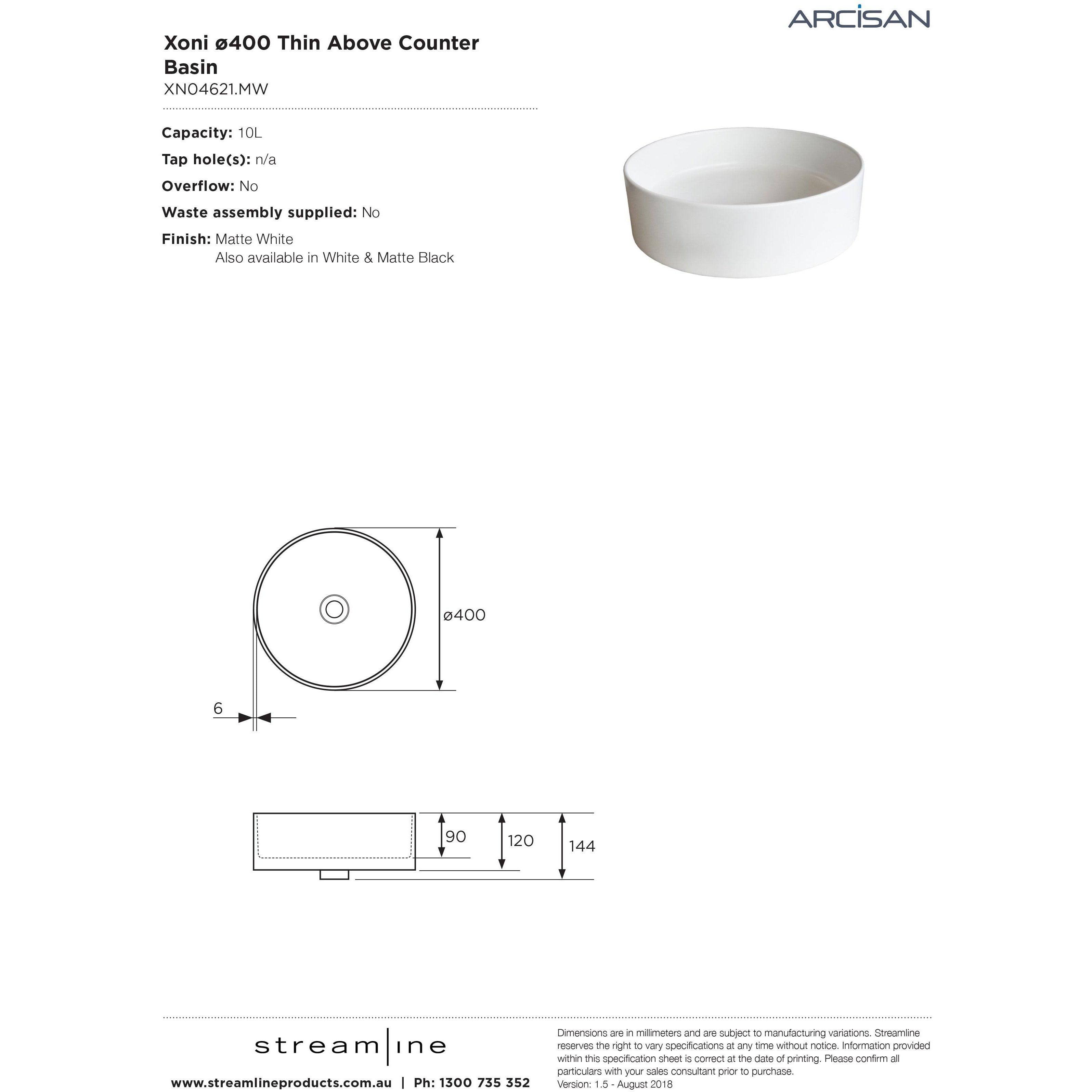 Arcisan Xoni 40 Dia Thin Round Above Counter Basin Matt White - Burdens Plumbing