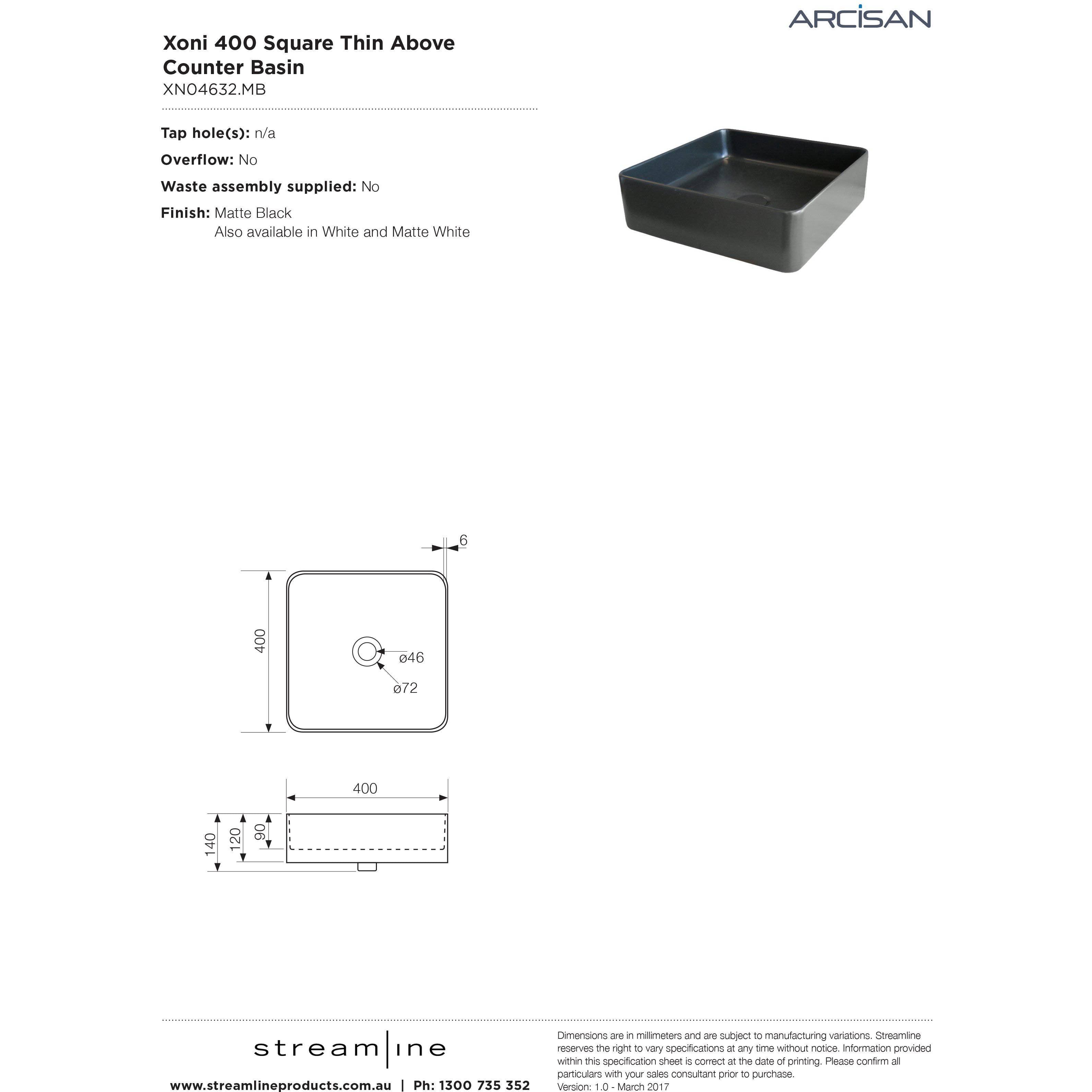 Arcisan Xoni 40X40 Thin Square Above Counter Basin Matt Black - Burdens Plumbing