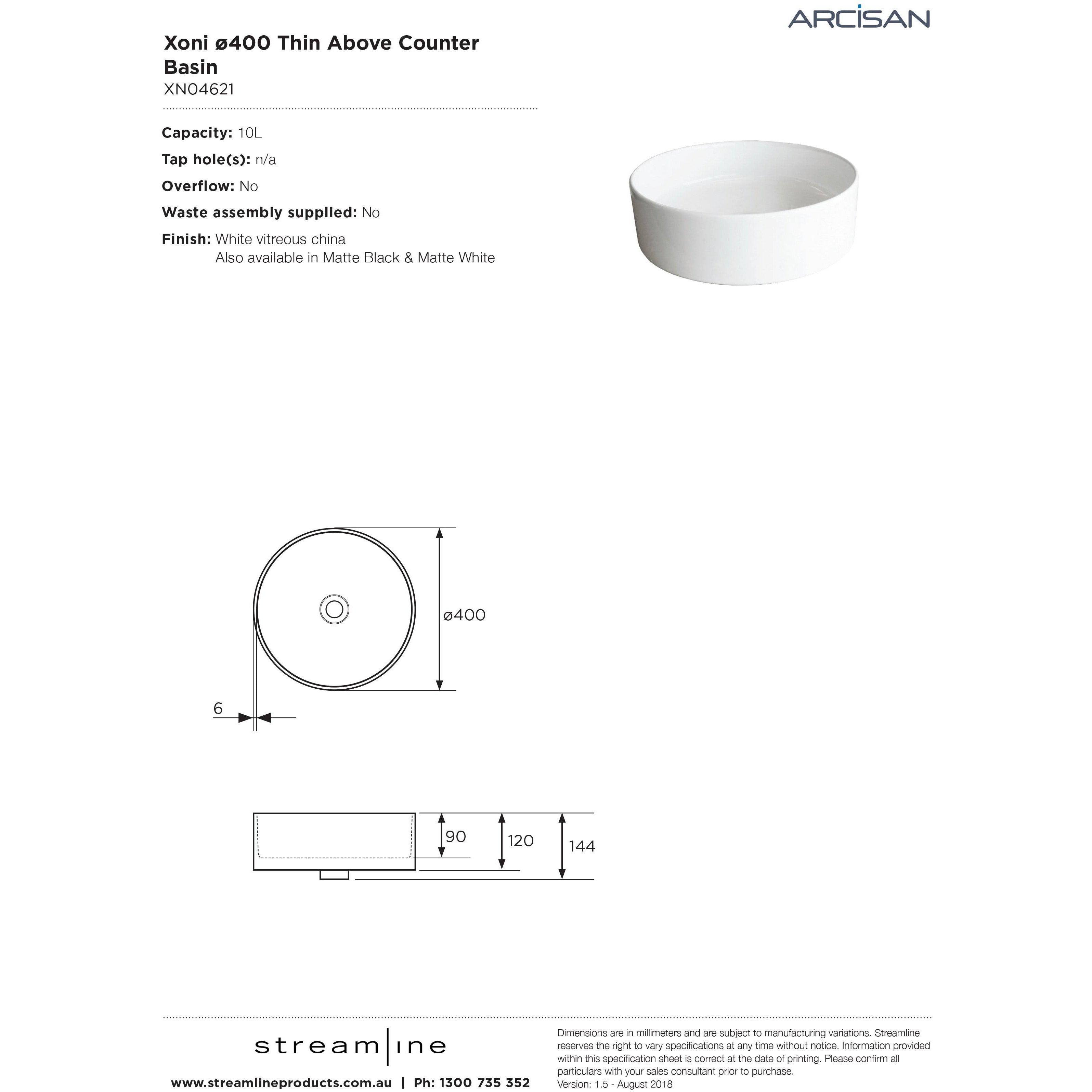 Arcisan Xoni Thin Round Above Counter Basin 400mm Dia White - Burdens Plumbing