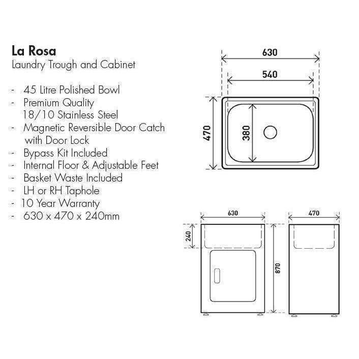 Aspire La Rosa 45 Lt Metal Cabinet And Tub C/W Bypass S/Steel - Burdens Plumbing