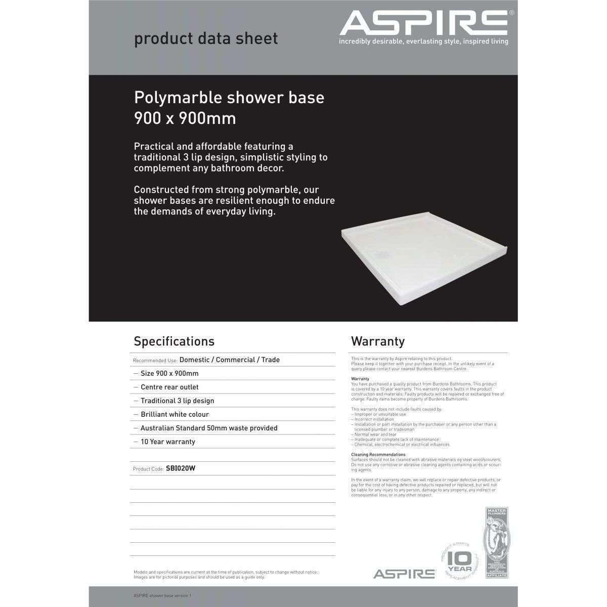 Aspire Shower Base 900 X 900 Poly Centre R/Outlet White - Burdens Plumbing