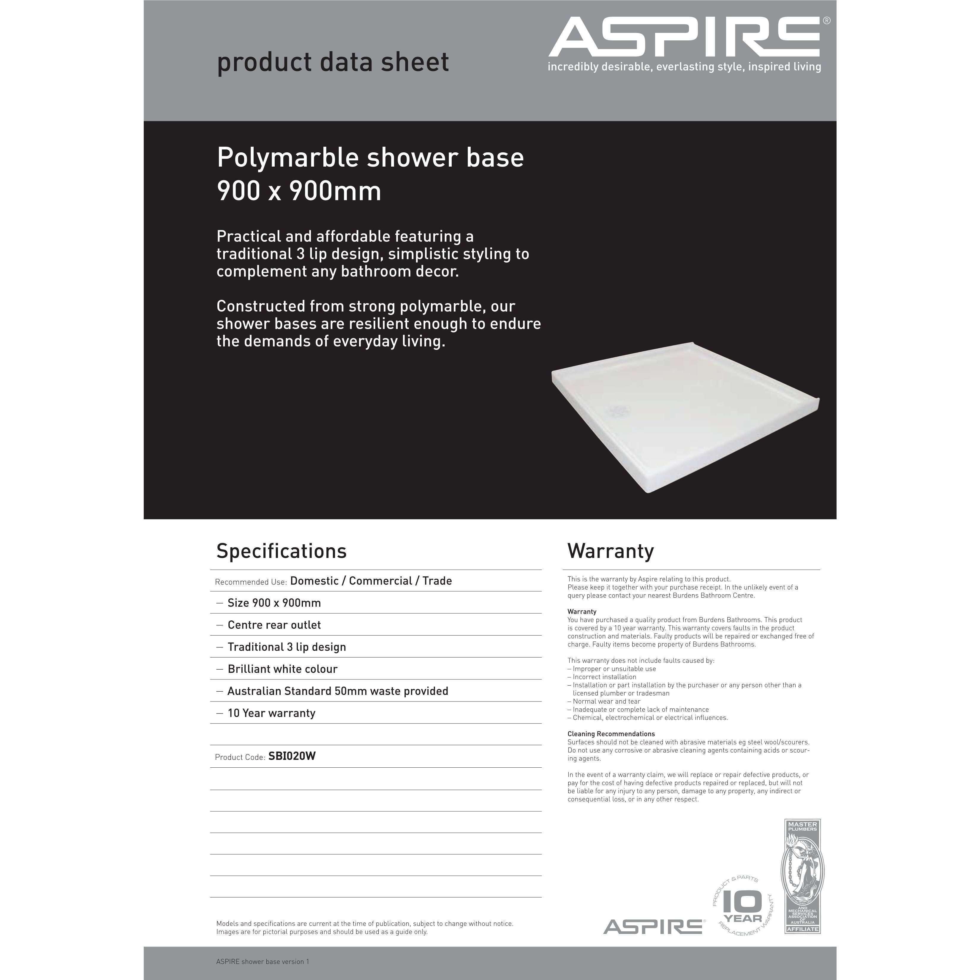 Aspire Shower Base 900 X 900 Poly Centre R/Outlet White - Burdens Plumbing
