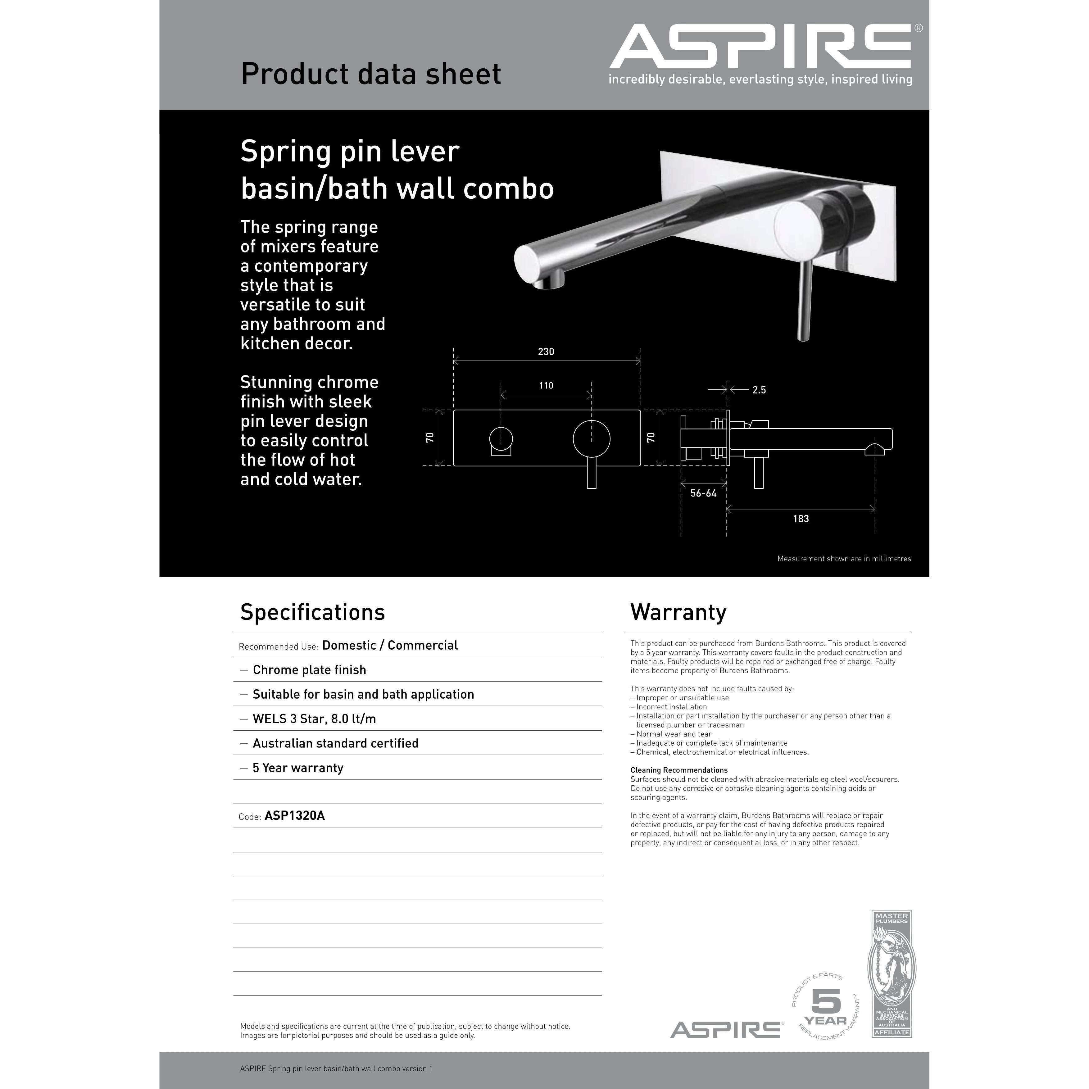 Aspire Spring Pin Lever Basin/Bath Combo Mixer - Burdens Plumbing