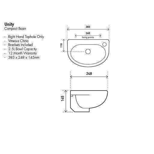 Aspire Unity Compact Wall Hung Basin 383X248 1Th Rhs White **Sbc- - Burdens Plumbing