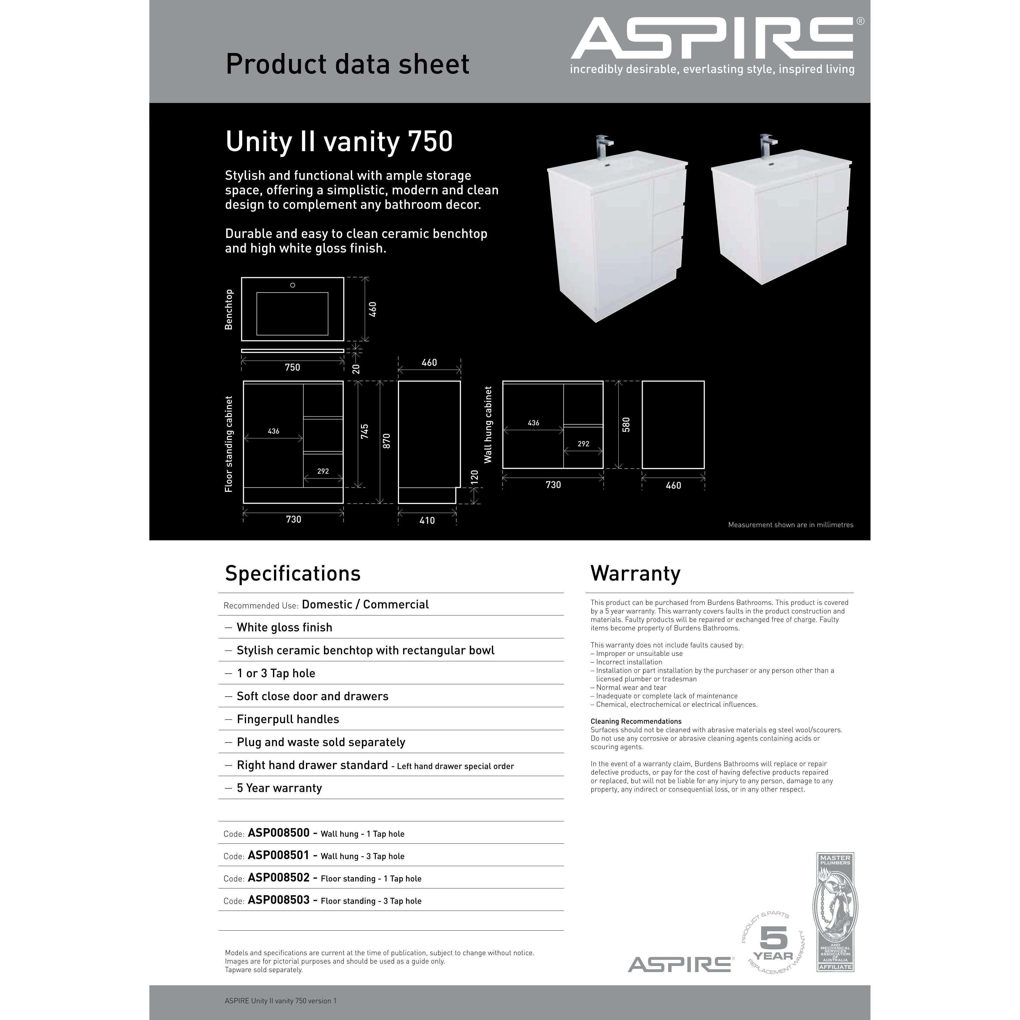Aspire Unity II 750 Vanity 1 Tap Hole Floor C/W Sq Ceramic Top Whi - Burdens Plumbing