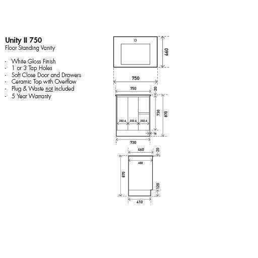 Aspire Unity II 750 Vanity 1 Tap Hole Floor C/W Sq Ceramic Top Whi - Burdens Plumbing