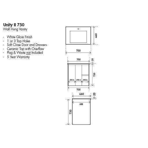 Aspire Unity II 750 Vanity 1 Tap Hole W/Hung C/W Sq Ceramic Top Whi - Burdens Plumbing