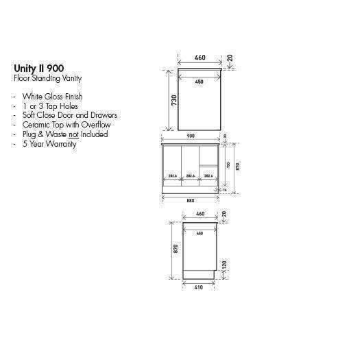 Aspire Unity II 900 Vanity Floor 1Th C/W Sq Ceramic Top Whit Rh D - Burdens Plumbing